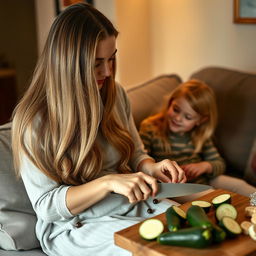 A mother with very long, soft, and flowing hair sitting on the couch with her daughter