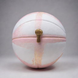 A uniquely designed basketball for the 'Angelica Arrows'. Primarily white, it features splashes of light pink and gold, adding a touch of elegance and femininity.