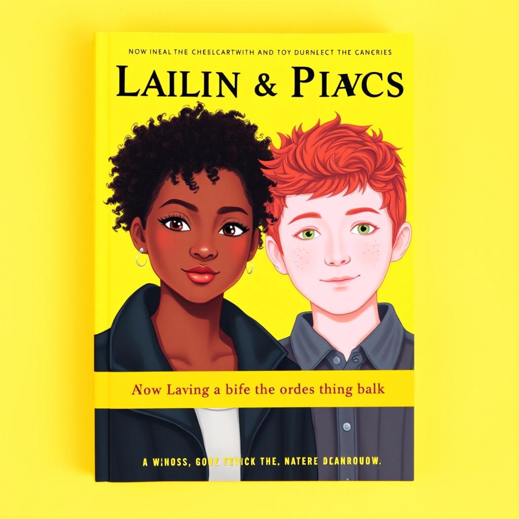 A yellow book cover featuring a couple: a black girl with curly hair wearing a black jacket, and a red-haired boy with green eyes and freckles