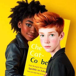 A yellow book cover featuring a couple: a black girl with curly hair wearing a black jacket, and a red-haired boy with green eyes and freckles