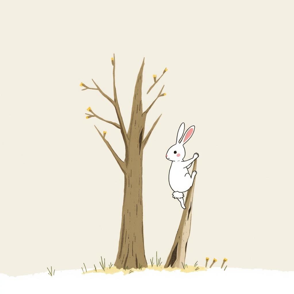 A small white rabbit is seen attempting to climb a tree, portrayed in Jon Klassen's distinctive style