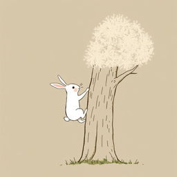 A small white rabbit is seen attempting to climb a tree, portrayed in Jon Klassen's distinctive style