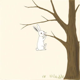 A small white rabbit is seen attempting to climb a tree, portrayed in Jon Klassen's distinctive style