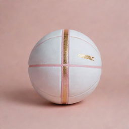 A uniquely designed basketball for the 'Angelica Arrows'. Primarily white, it features splashes of light pink and gold, adding a touch of elegance and femininity.