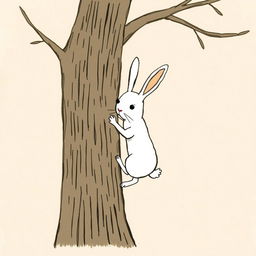 A small white rabbit is seen attempting to climb a tree, portrayed in Jon Klassen's distinctive style