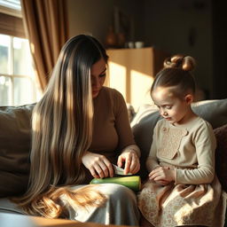 A mother with very long, silky, and untied hair sits on a couch with her daughter, who has tied hair