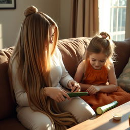 A mother with very long, silky, and untied hair sits on a couch with her daughter, who has tied hair