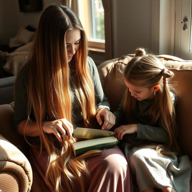 A mother with very long, silky, and untied hair sits on a couch with her daughter, who has tied hair