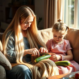 A mother with very long, silky, and untied hair sits on a couch with her daughter, who has tied hair