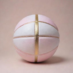 A uniquely designed basketball for the 'Angelica Arrows'. Primarily white, it features splashes of light pink and gold, adding a touch of elegance and femininity.