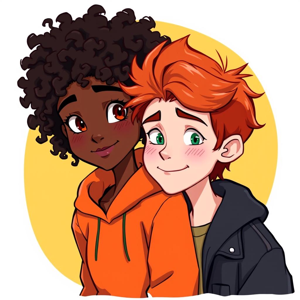 A 2D illustration with a yellow background featuring a young couple: a black girl with curly hair wearing a black jacket, and a red-haired boy with green eyes and freckles