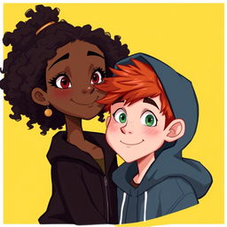 A 2D illustration with a yellow background featuring a young couple: a black girl with curly hair wearing a black jacket, and a red-haired boy with green eyes and freckles