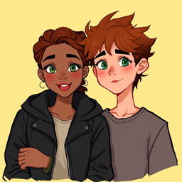 A 2D illustration with a yellow background featuring a young couple: a black girl with curly hair wearing a black jacket, and a red-haired boy with green eyes and freckles