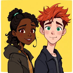 A 2D illustration with a yellow background featuring a young couple: a black girl with curly hair wearing a black jacket, and a red-haired boy with green eyes and freckles