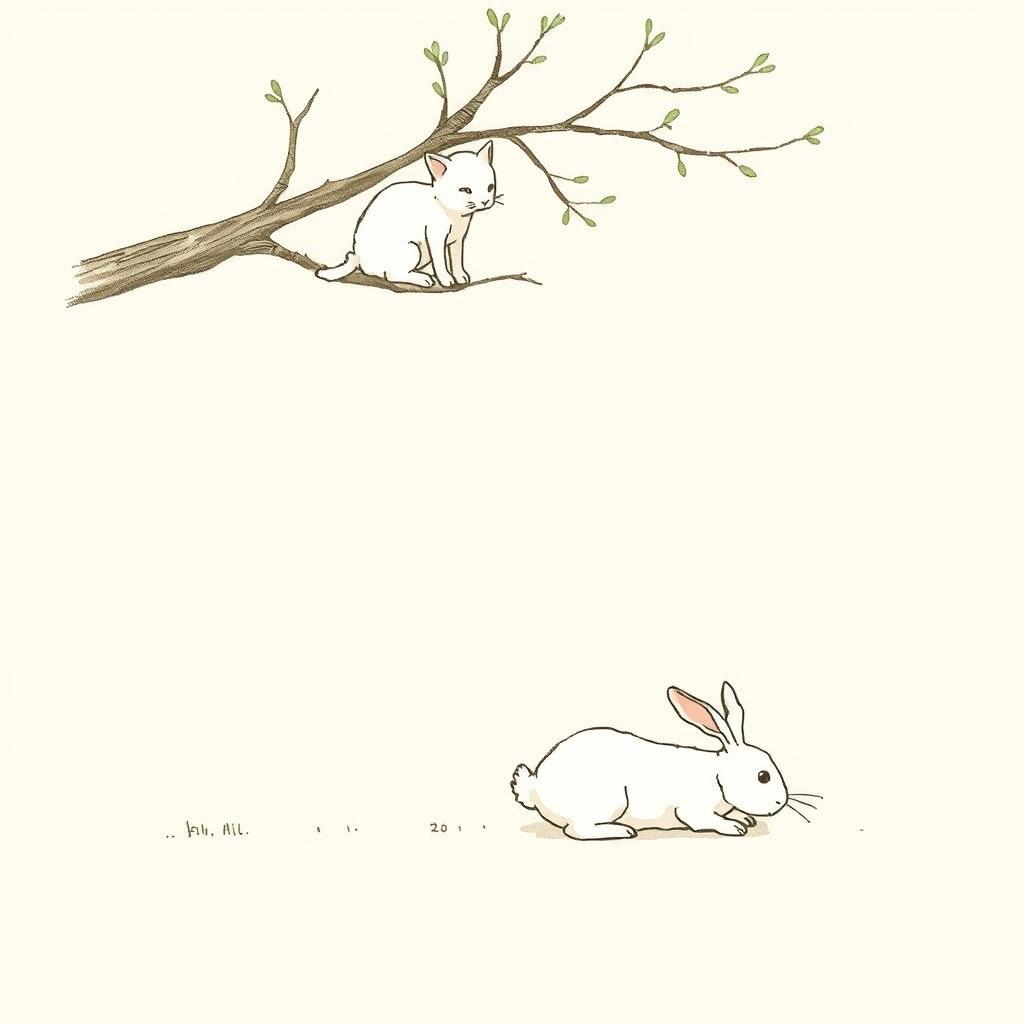 A small white rabbit is shown lying on the ground under a tree, having stumbled, while a kitten is perched on a branch above