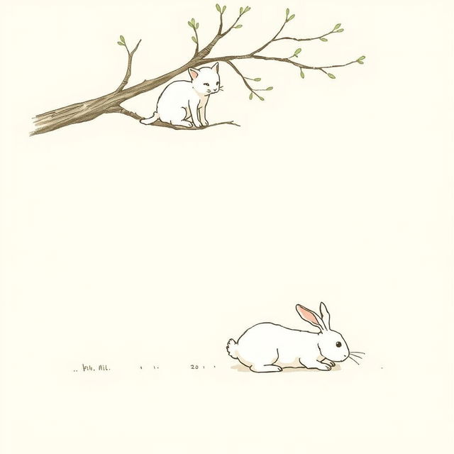 A small white rabbit is shown lying on the ground under a tree, having stumbled, while a kitten is perched on a branch above