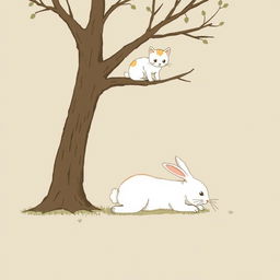 A small white rabbit is shown lying on the ground under a tree, having stumbled, while a kitten is perched on a branch above