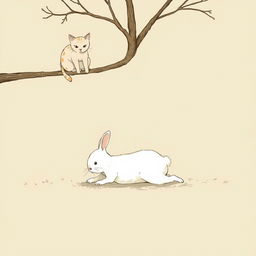 A small white rabbit is shown lying on the ground under a tree, having stumbled, while a kitten is perched on a branch above