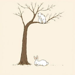 A small white rabbit is shown lying on the ground under a tree, having stumbled, while a kitten is perched on a branch above