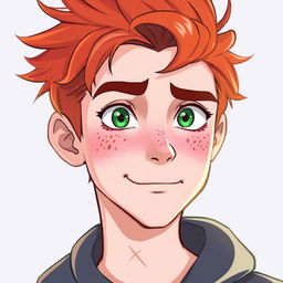 Illustration of a 17-year-old male character with red hair, green eyes, and freckles