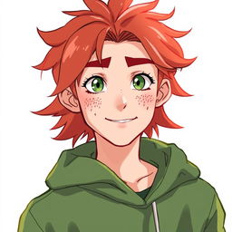 Illustration of a 17-year-old male character with red hair, green eyes, and freckles