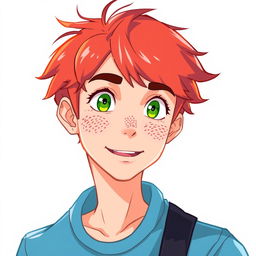 Illustration of a 17-year-old male character with red hair, green eyes, and freckles