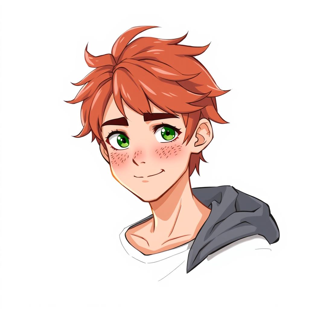 Character design of a 17-year-old male with red hair, green eyes, and freckles