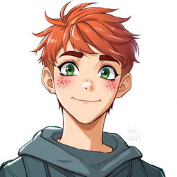 Character design of a 17-year-old male with red hair, green eyes, and freckles