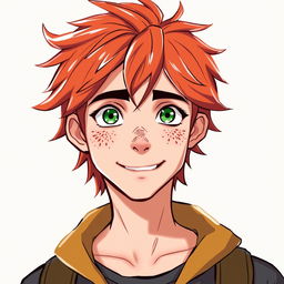 Character design of a 17-year-old male with red hair, green eyes, and freckles