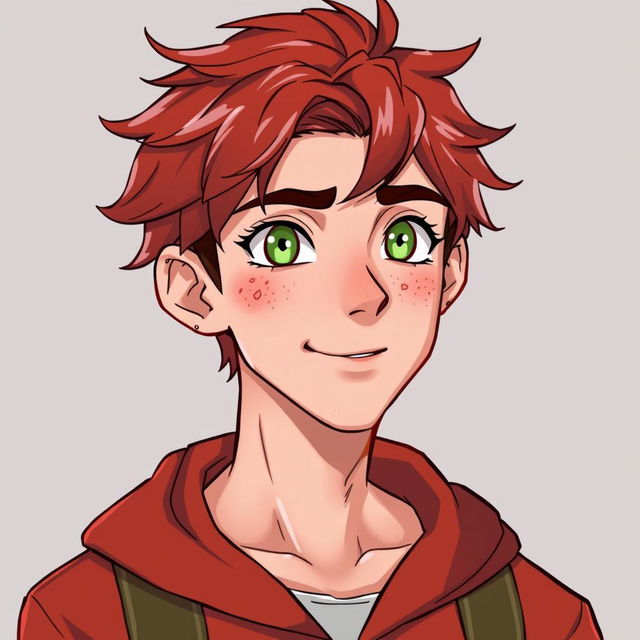 Character design of a 17-year-old male with red hair, green eyes, and freckles