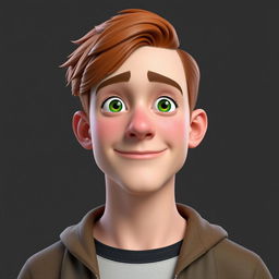 3D character design of a 17-year-old male with red hair, green eyes, and freckles