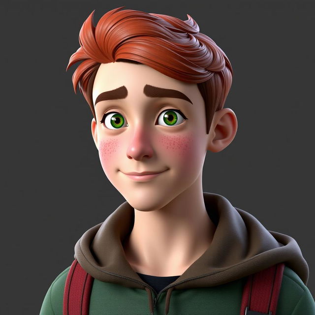 3D character design of a 17-year-old male with red hair, green eyes, and freckles