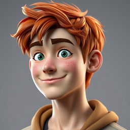 3D character design of a 17-year-old male with red hair, green eyes, and freckles