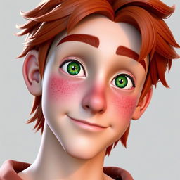 3D character design of a 17-year-old male with red hair, green eyes, and freckles