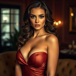 A sultry, alluring woman with captivating eyes, wearing an elegant evening gown that accentuates her curves, exuding an aura of confidence and sophistication