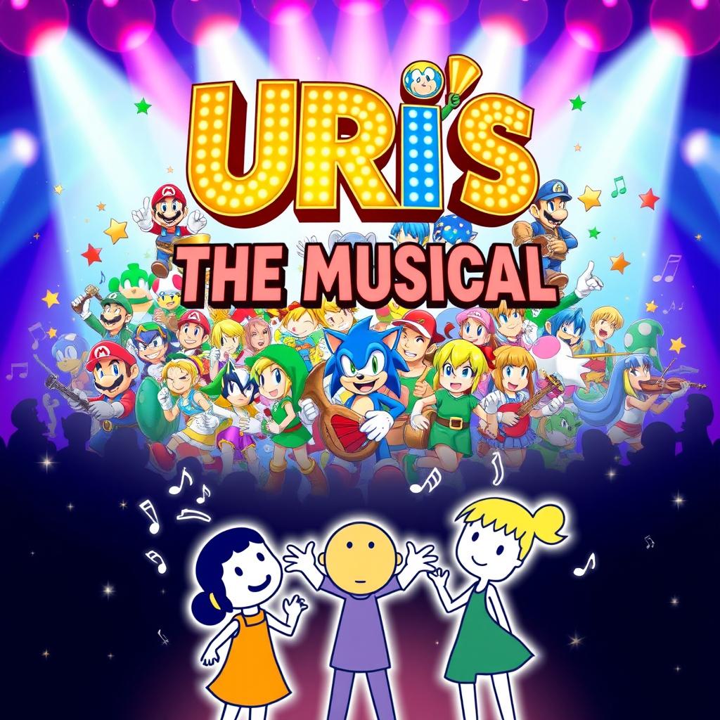 A lively and enchanting poster for "Uri's: The Musical", showcasing a spectacular blend of video game nostalgia and theatrical magic