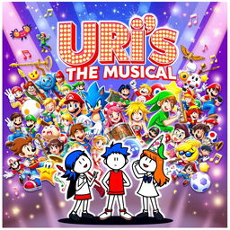 A lively and enchanting poster for "Uri's: The Musical", showcasing a spectacular blend of video game nostalgia and theatrical magic