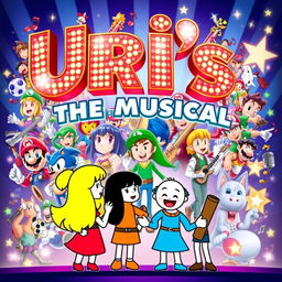 A lively and enchanting poster for "Uri's: The Musical", showcasing a spectacular blend of video game nostalgia and theatrical magic