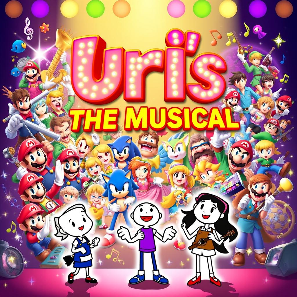 A lively and enchanting poster for "Uri's: The Musical", showcasing a spectacular blend of video game nostalgia and theatrical magic