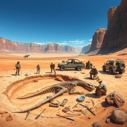 A detailed depiction of a paleontological dig site set in a vast desert landscape