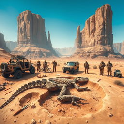 A detailed depiction of a paleontological dig site set in a vast desert landscape