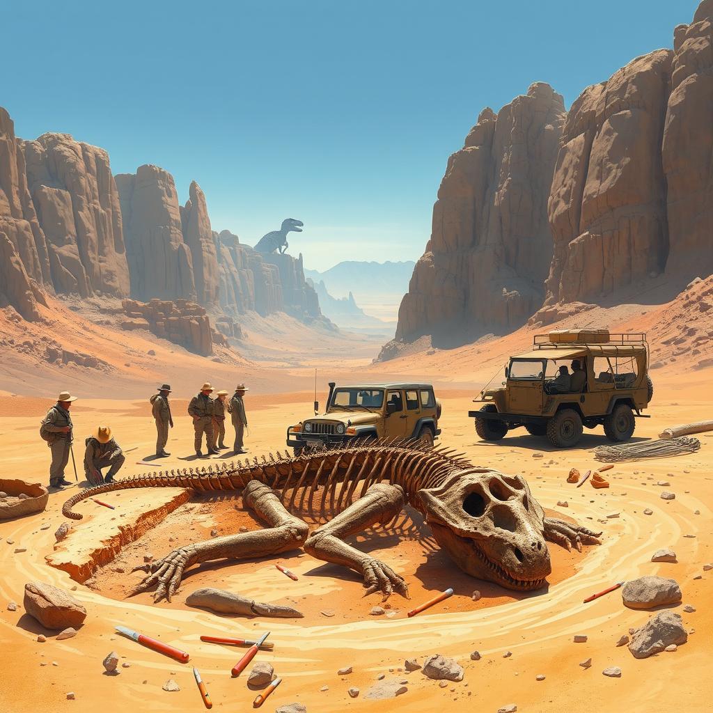 A detailed depiction of a paleontological dig site set in a vast desert landscape