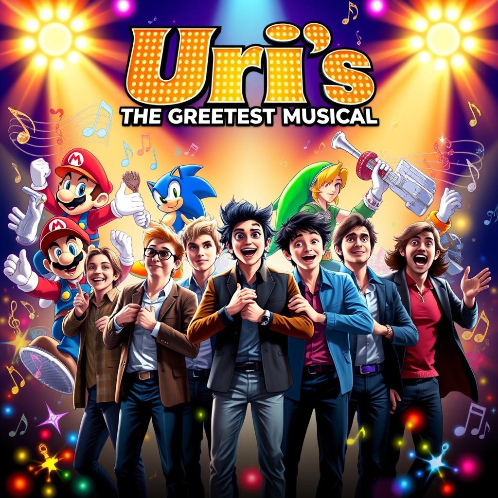 A spectacular and eye-catching poster for "Uri's: The Greatest Musical" with an innovative blend of video game whimsy and theatrical flair