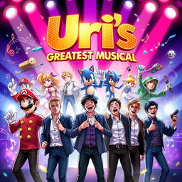 A spectacular and eye-catching poster for "Uri's: The Greatest Musical" with an innovative blend of video game whimsy and theatrical flair