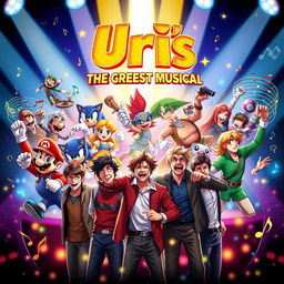 A spectacular and eye-catching poster for "Uri's: The Greatest Musical" with an innovative blend of video game whimsy and theatrical flair