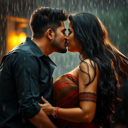 A sensual scene featuring a stunning Indian woman with voluptuous curves and two men engaged in a passionate kiss under a gentle rainfall