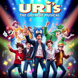 A spectacular and eye-catching poster for "Uri's: The Greatest Musical" with an innovative blend of video game whimsy and theatrical flair