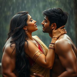 A sensual scene featuring a stunning Indian woman with voluptuous curves and two men engaged in a passionate kiss under a gentle rainfall