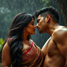 A sensual scene featuring a stunning Indian woman with voluptuous curves and two men engaged in a passionate kiss under a gentle rainfall