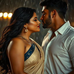 A sensual scene featuring a stunning Indian woman with voluptuous curves and two men engaged in a passionate kiss under a gentle rainfall